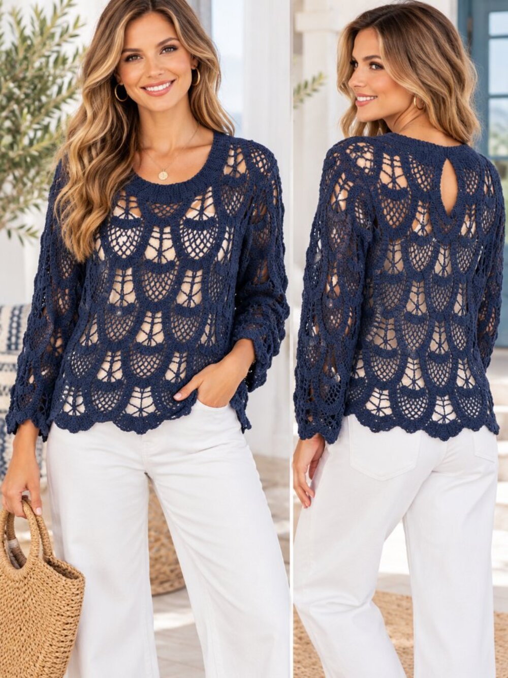 POL Navy Blue Open Knit Crochet Sweater OS Boho Cotton NWOT
